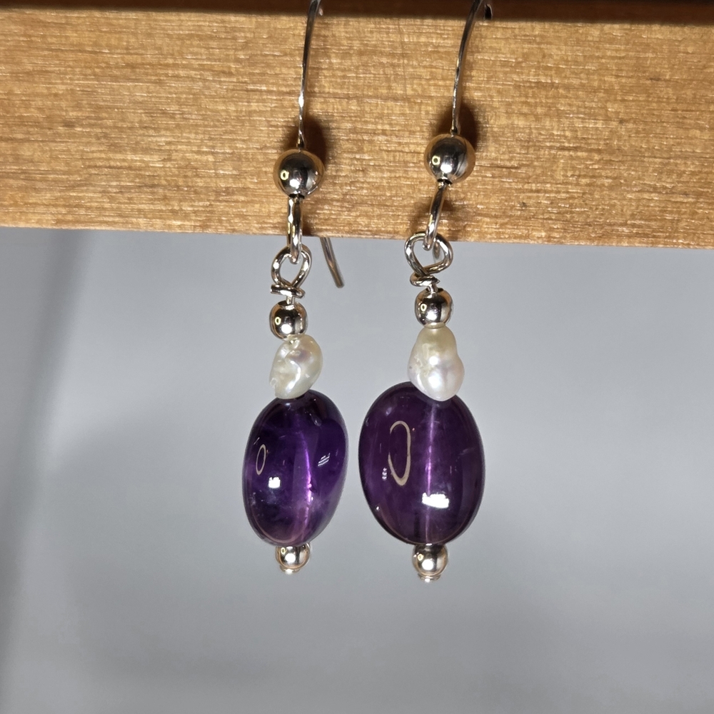 Oval Amethyst And Freshwater Pearl Sterling Silver Drop Earrings